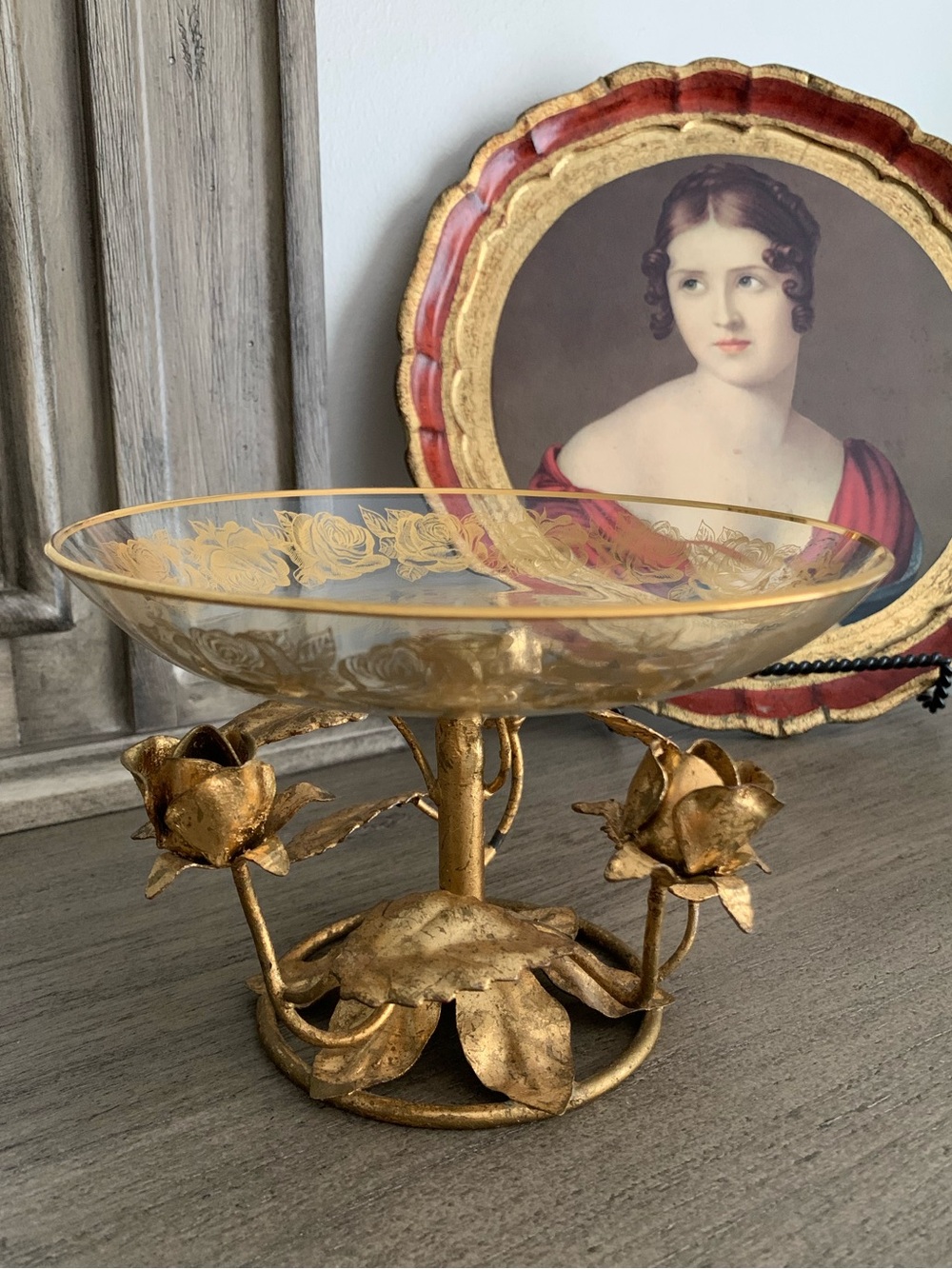 Vintage Italian Florentine Roses Gold Gilt Tole Glass Compote Candy Bowl Dish